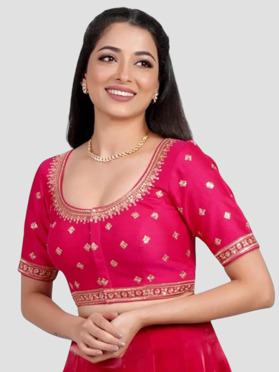 Rani Pink Silk Round Neck Half Sleeves Readymade Blouse