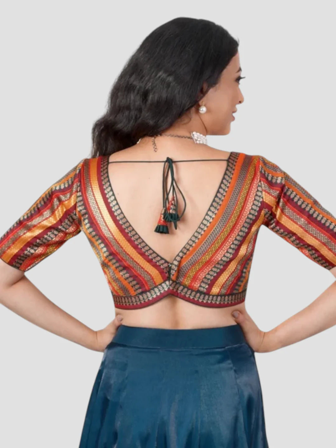 Multicolor Brocade V Neck Half Sleeves Readymade Blouse