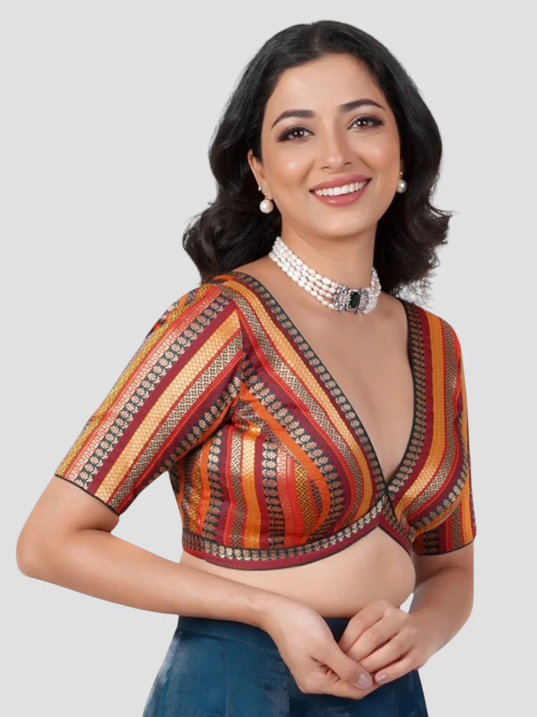 Multicolor Brocade V Neck Half Sleeves Readymade Blouse