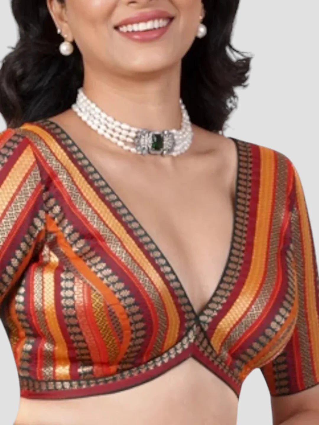 Multicolor Brocade V Neck Half Sleeves Readymade Blouse