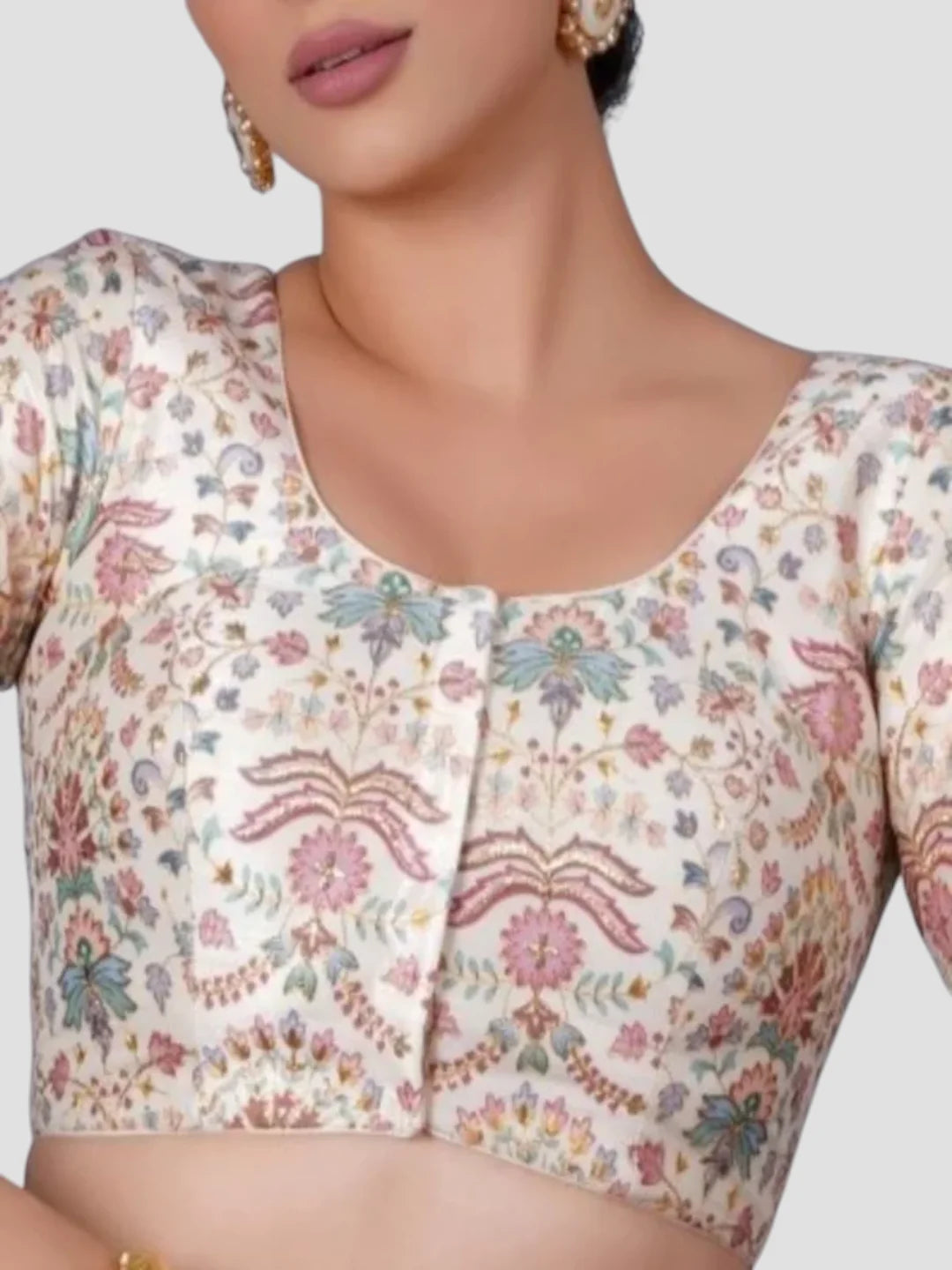 Cream Floral Printed Silk Round Neck Half Sleeves Readymade Blouse
