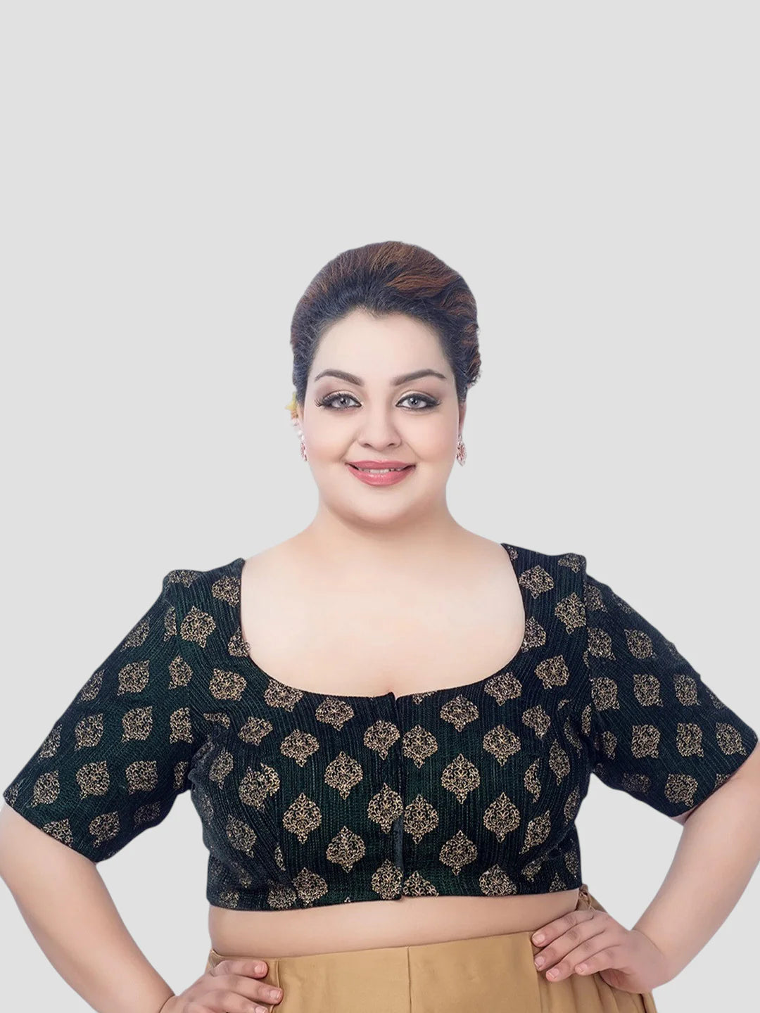 Green Velvet Round Neck Half Sleeves Readymade Blouse