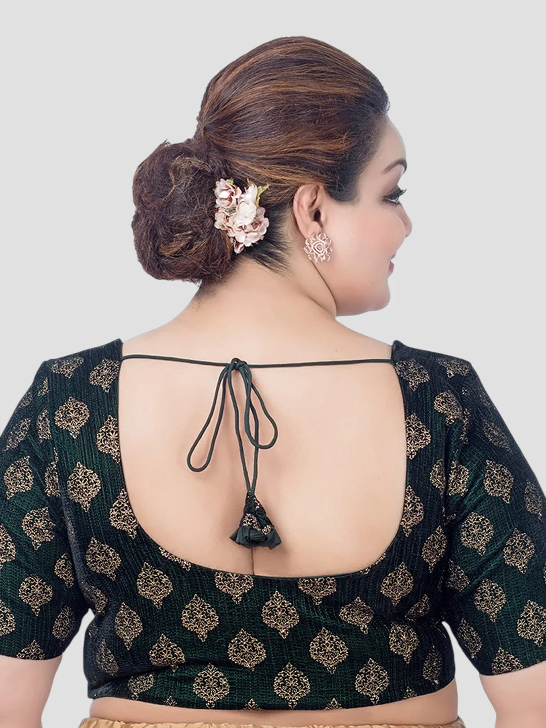 Green Velvet Round Neck Half Sleeves Readymade Blouse