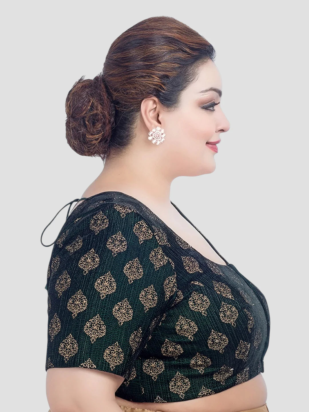 Green Velvet Round Neck Half Sleeves Readymade Blouse