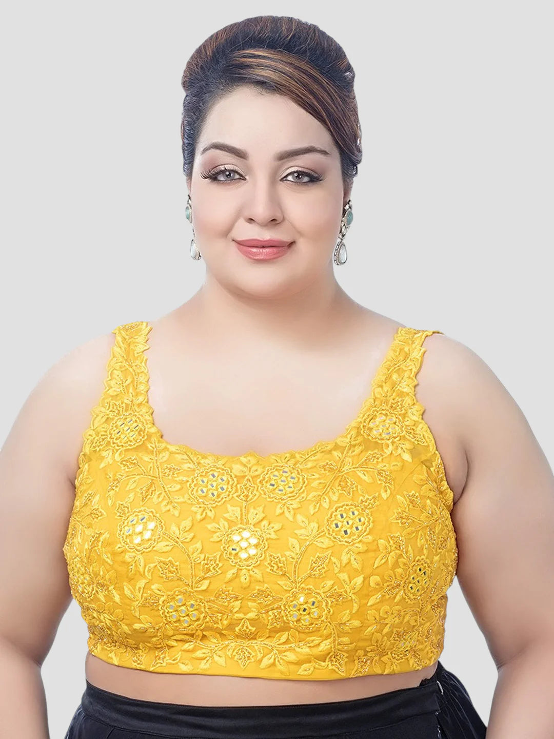 Yellow Net Round Neck Half Sleeves Readymade Blouse