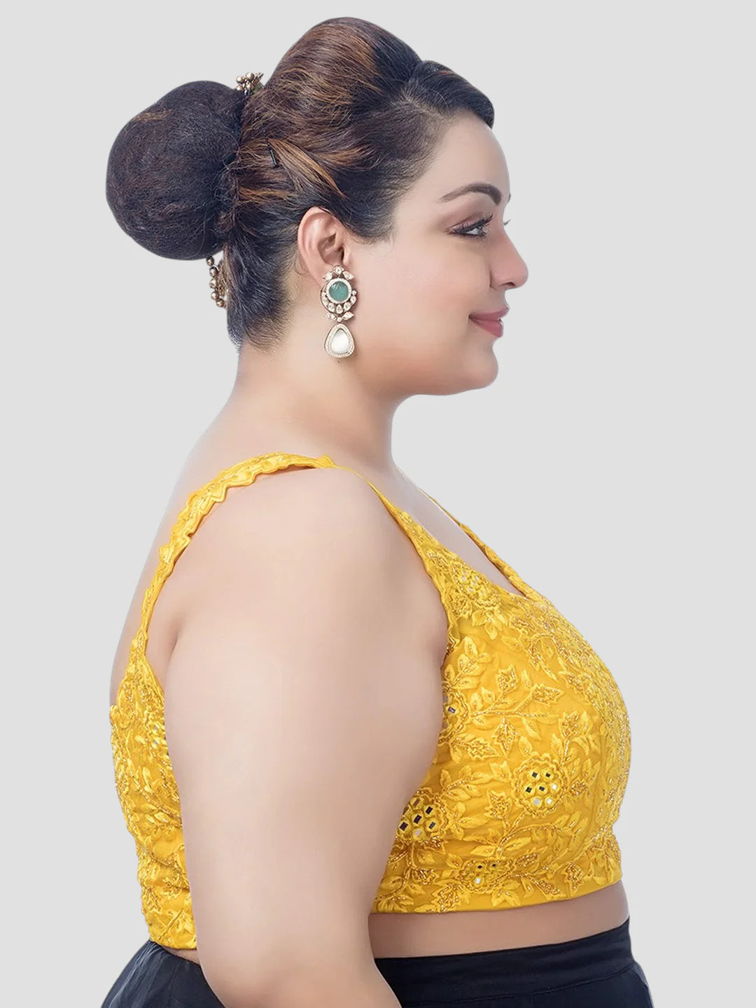 Yellow Net Round Neck Half Sleeves Readymade Blouse