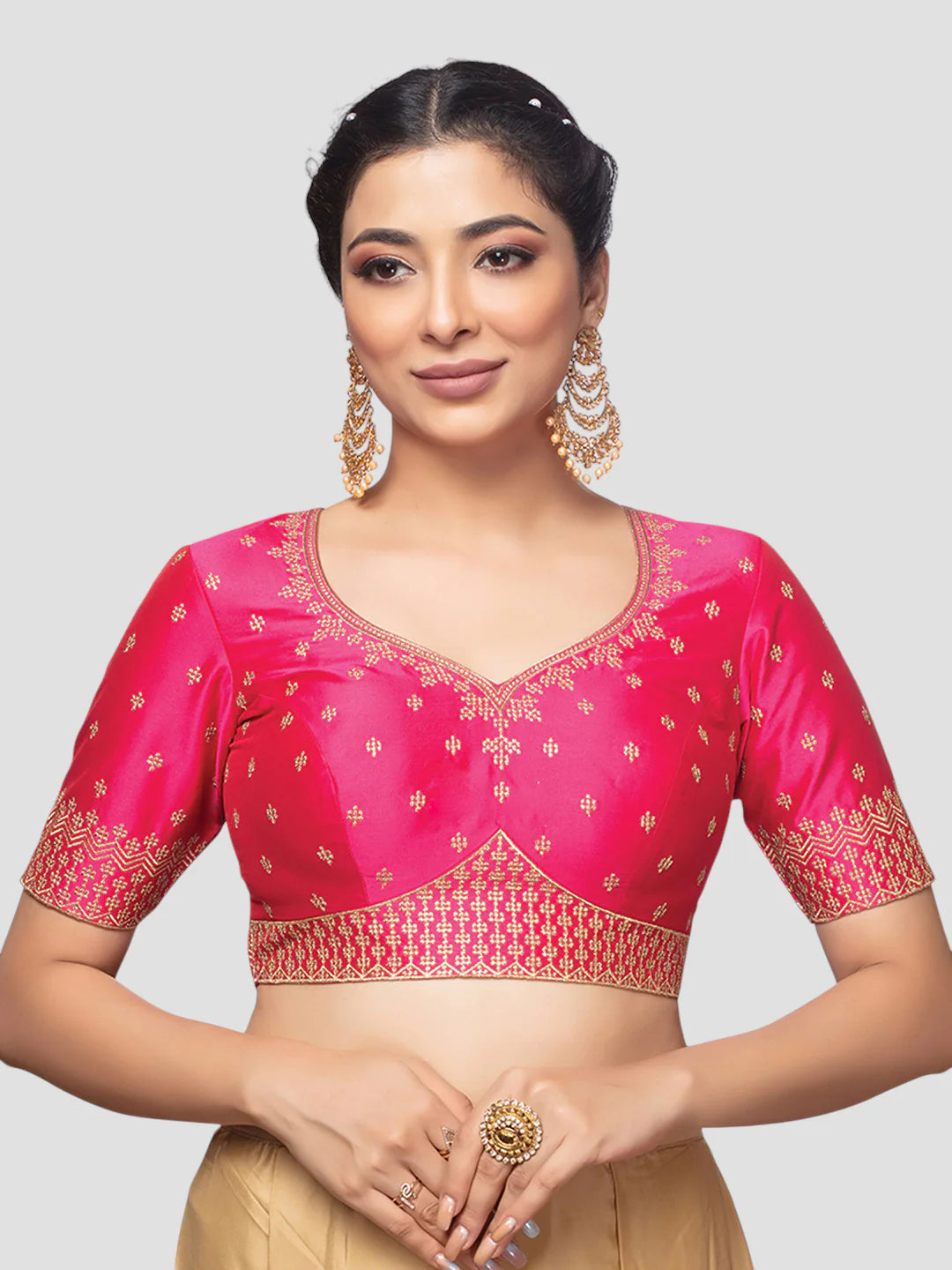 Rani Pink Silk Paan Neck Half Sleeves Readymade Blouse