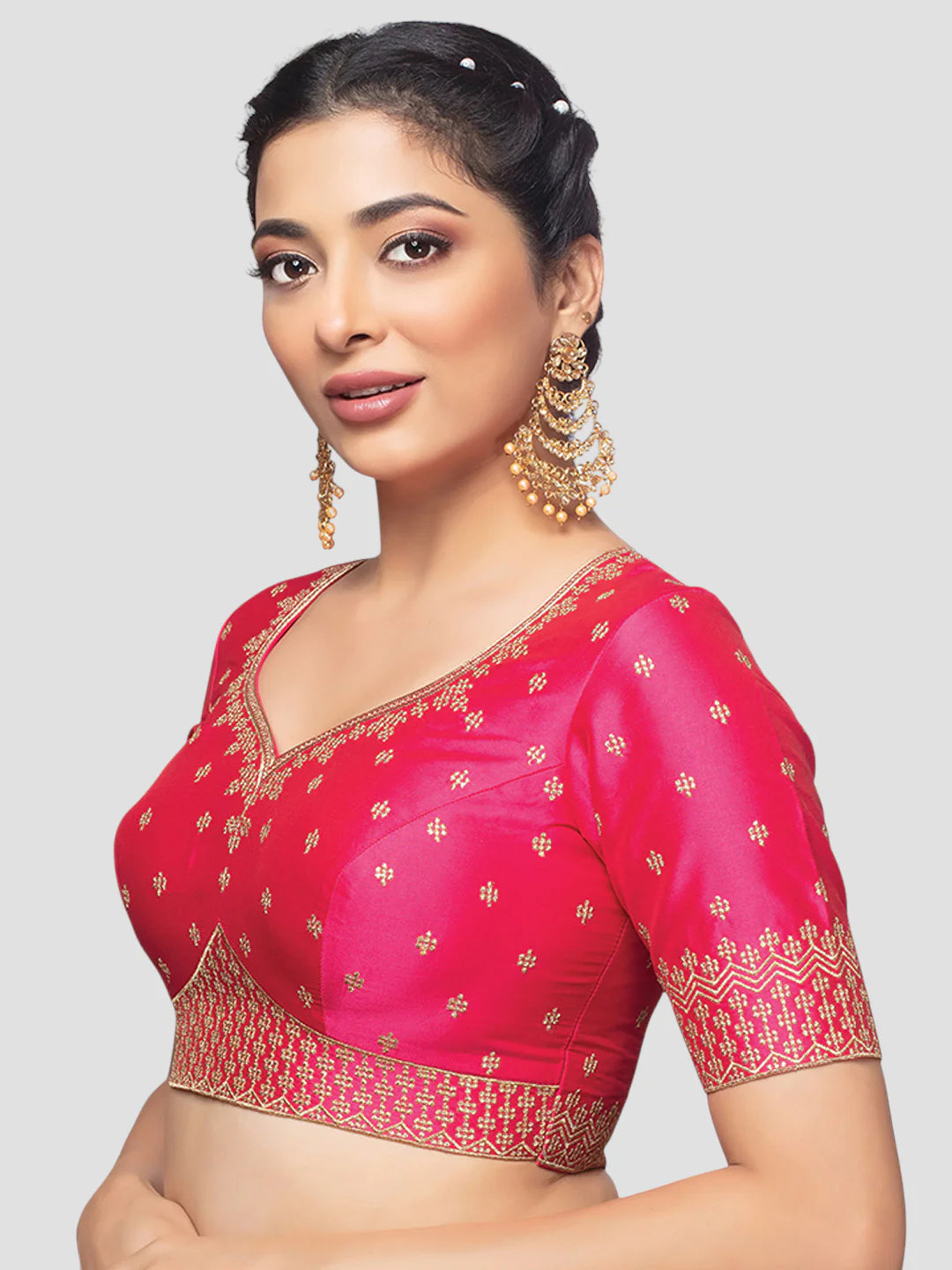 Rani Pink Silk Paan Neck Half Sleeves Readymade Blouse