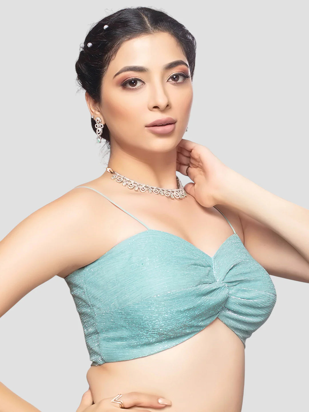 Sky Blue Crush Tissue Deep Neck Sleeveless Readymade Blouse