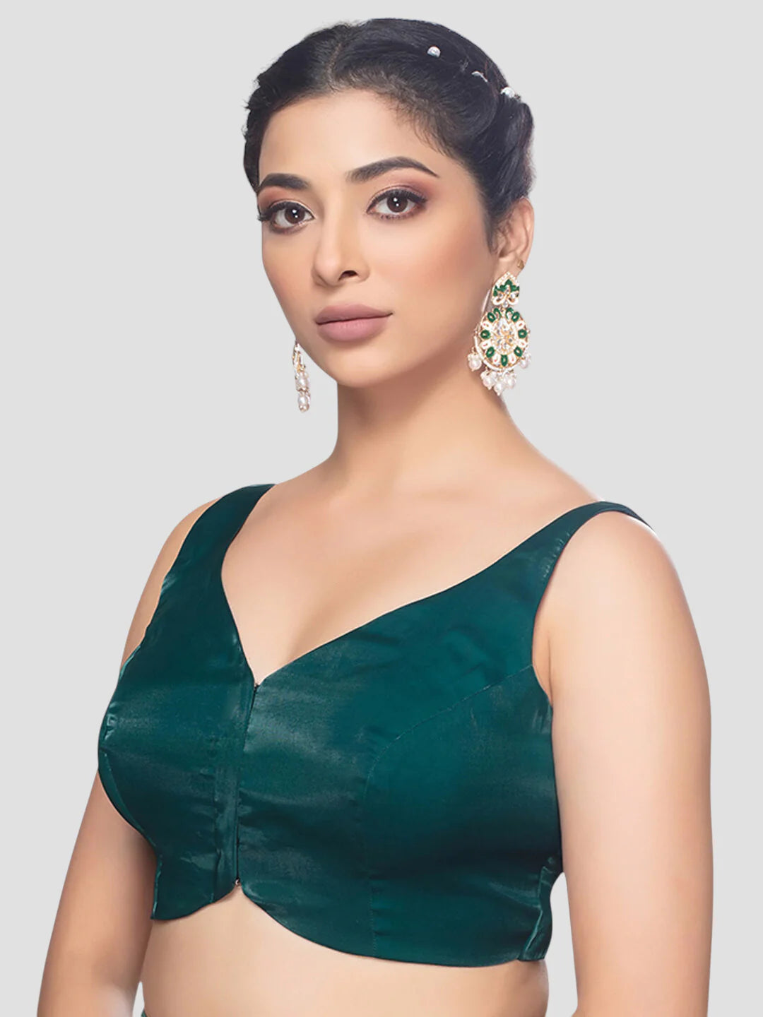 Green Tissue V Neck Sleeveless Readymade Blouse