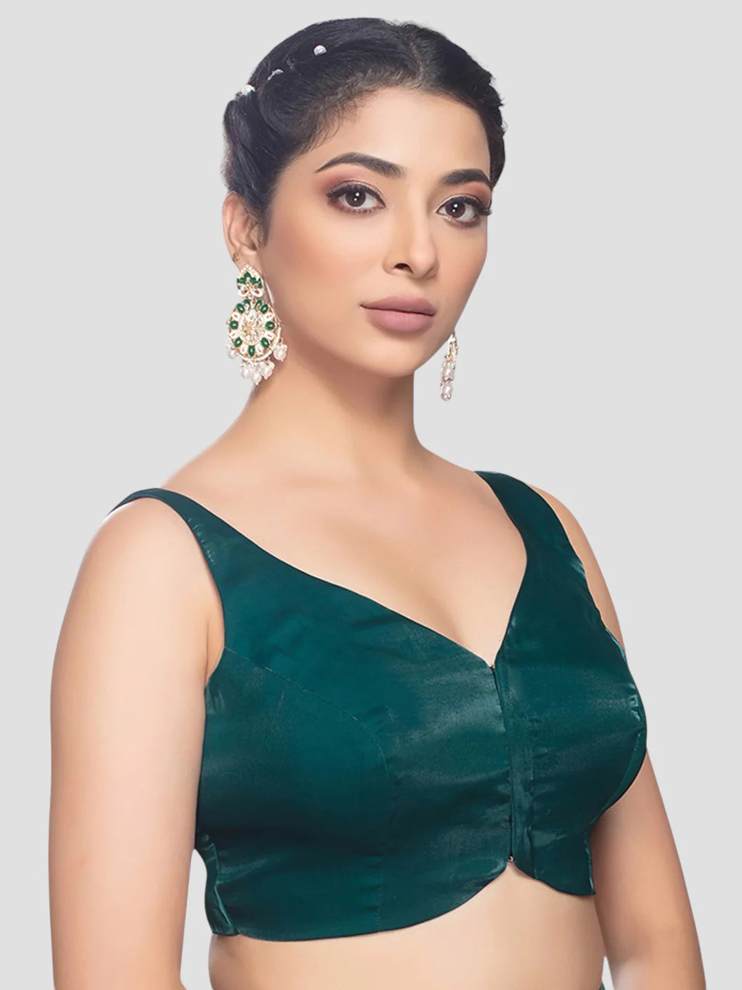 Green Tissue V Neck Sleeveless Readymade Blouse