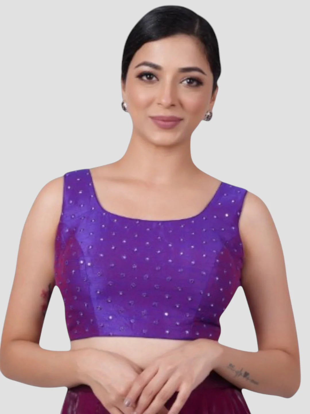 Purple Mirror Work Round Neck Sleeveless Readymade Saree Blouse