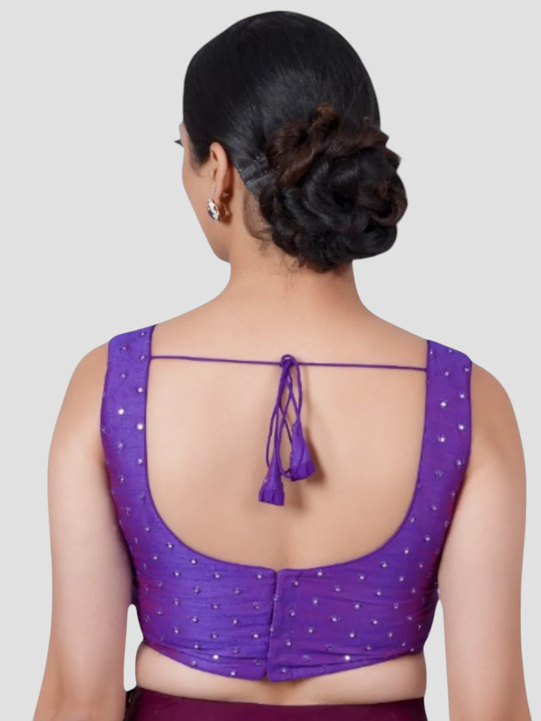 Purple Mirror Work Round Neck Sleeveless Readymade Saree Blouse