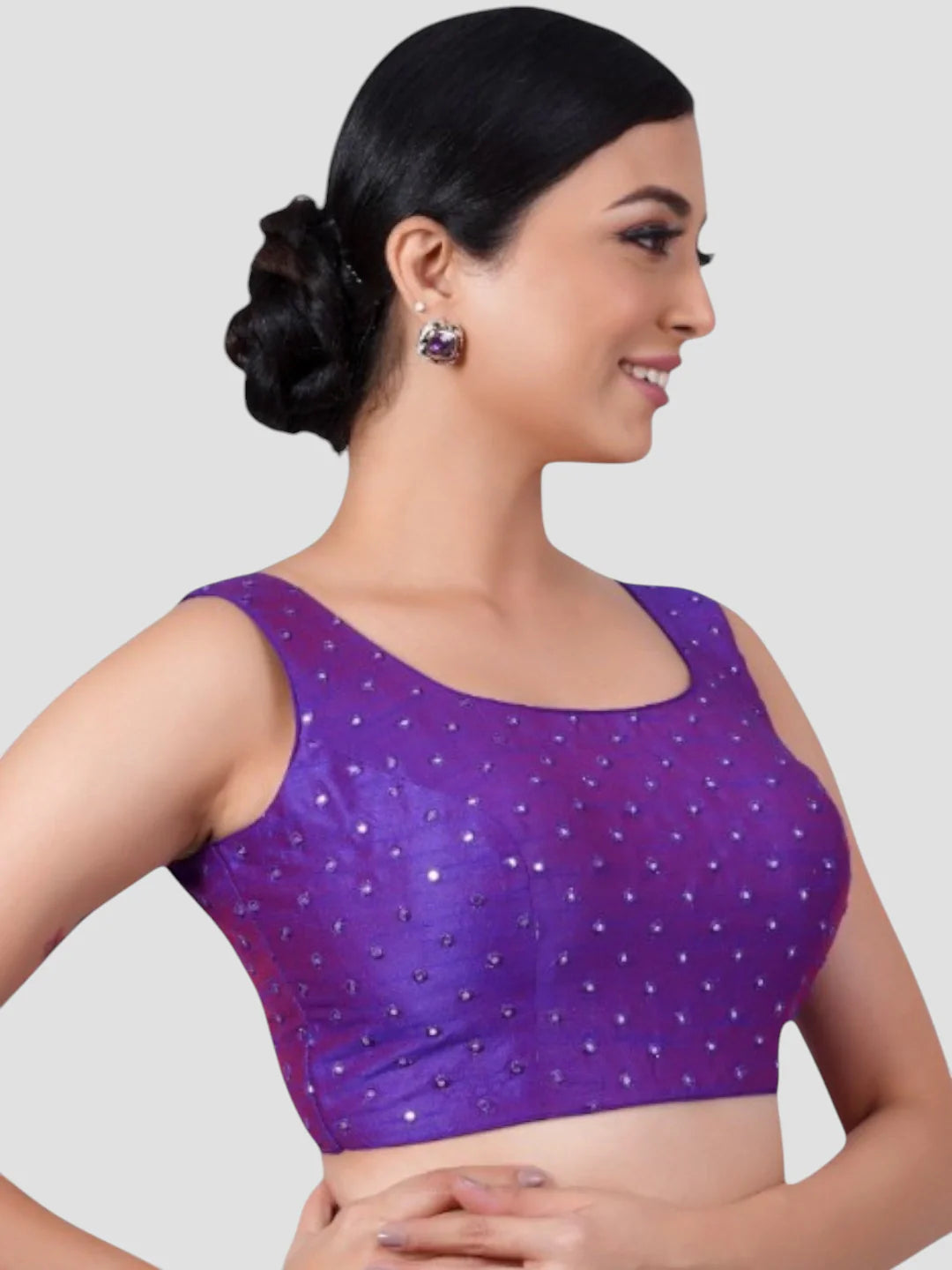 Purple Mirror Work Round Neck Sleeveless Readymade Saree Blouse
