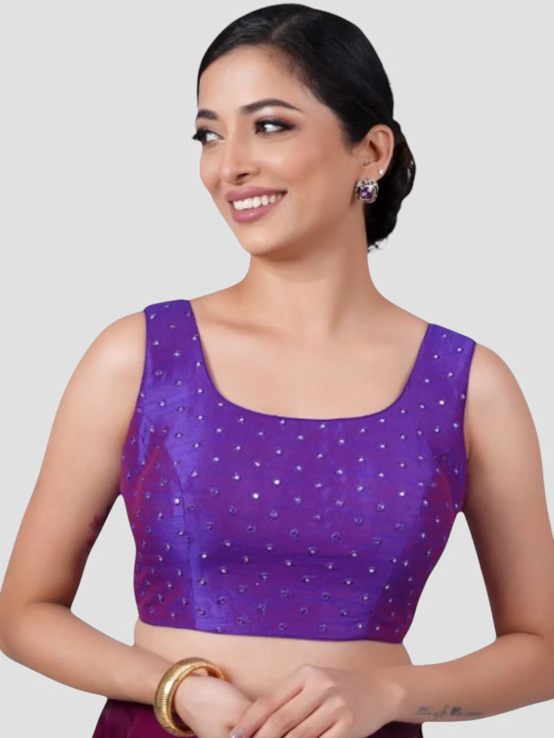 Purple Mirror Work Round Neck Sleeveless Readymade Saree Blouse