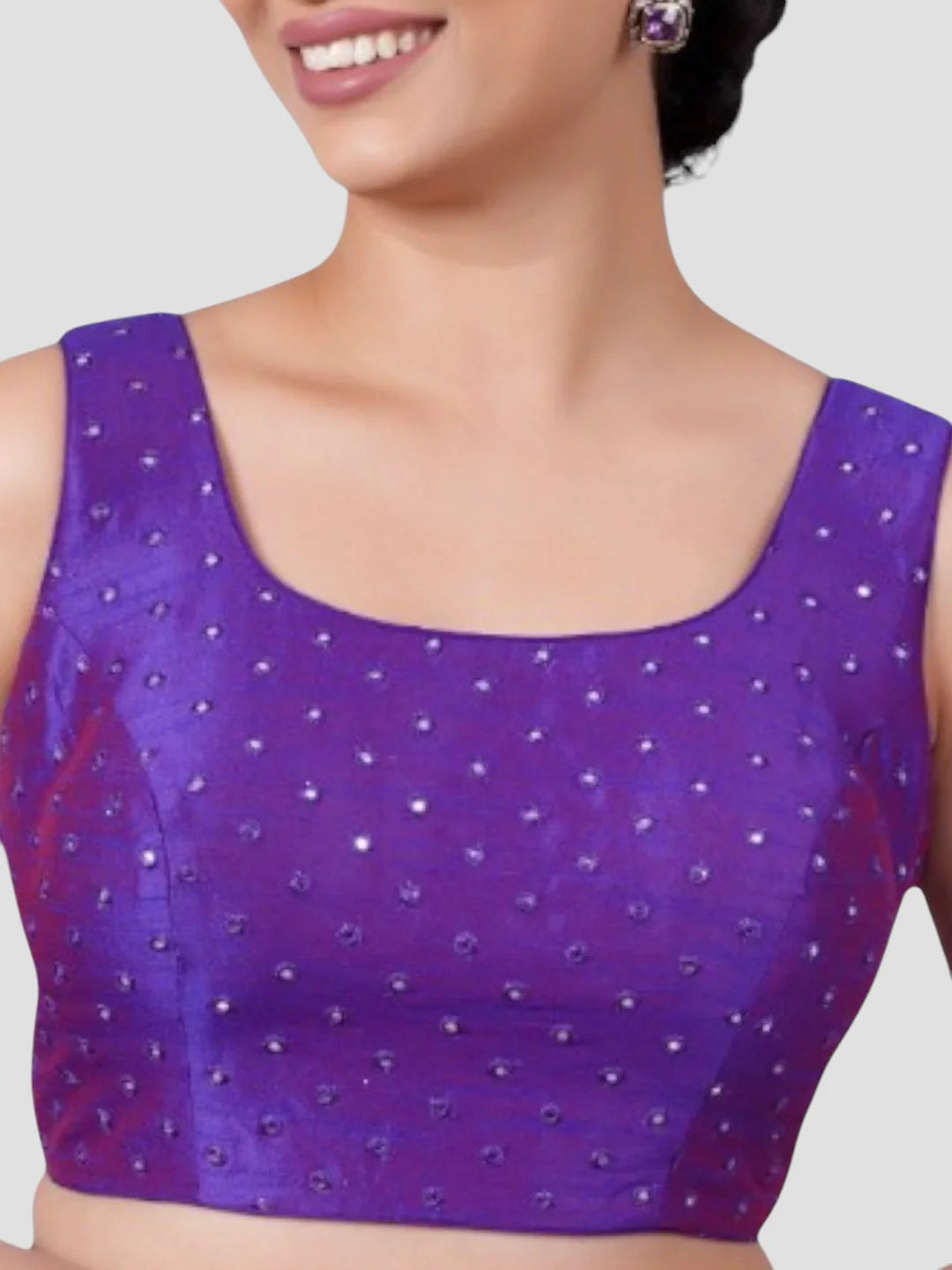 Purple Mirror Work Round Neck Sleeveless Readymade Saree Blouse