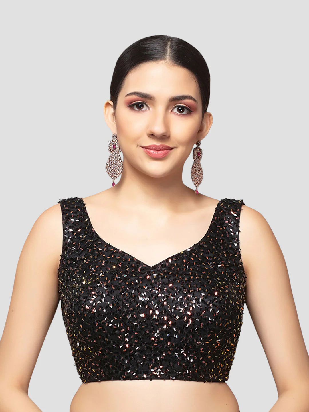 Black Net Paan Neck Sequin Embellished Sleeveless Readymade Blouse