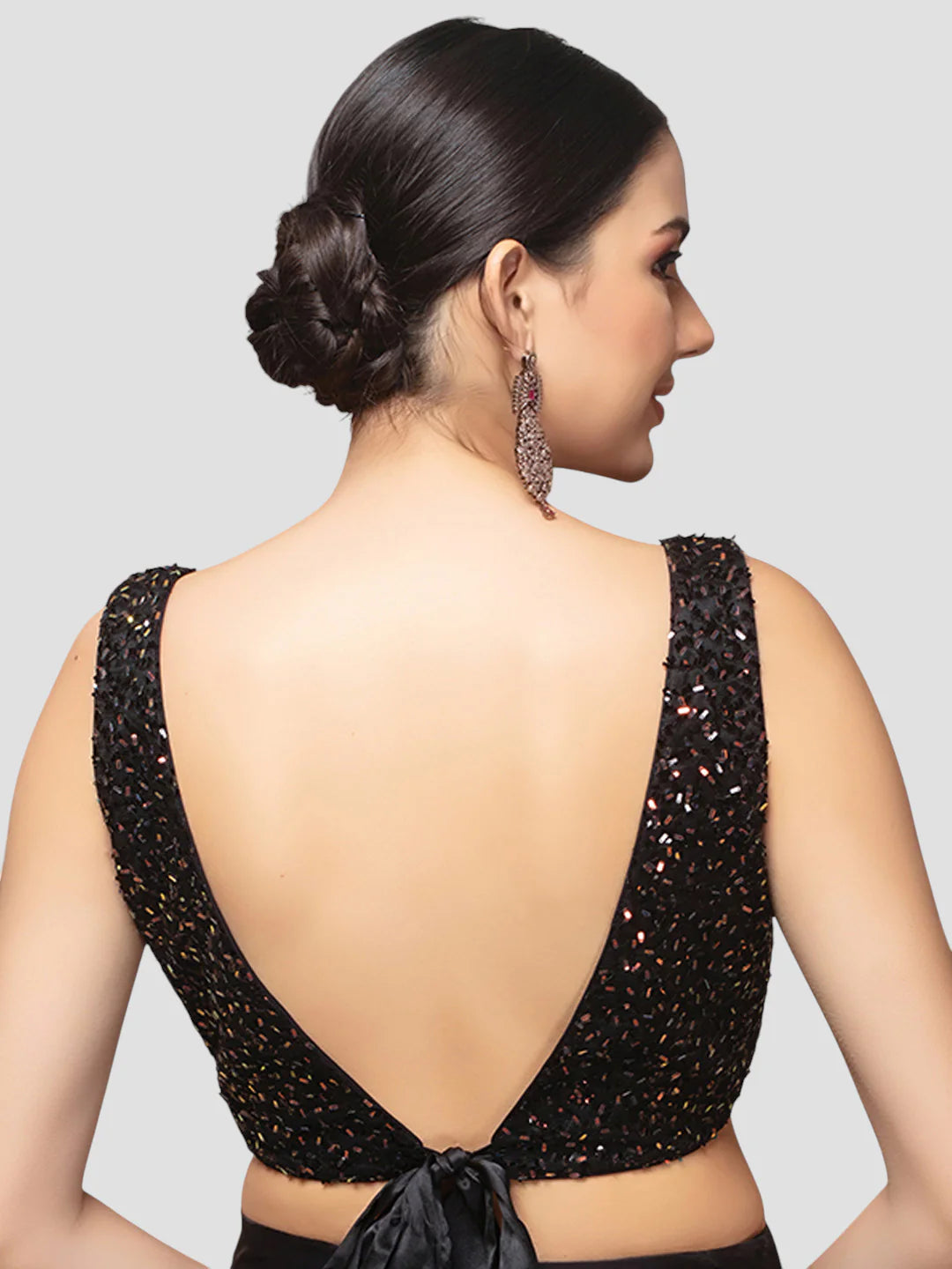 Black Net Paan Neck Sequin Embellished Sleeveless Readymade Blouse