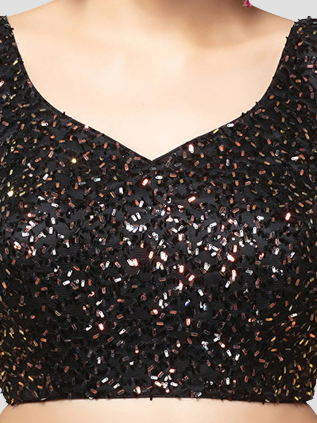 Black Net Paan Neck Sequin Embellished Sleeveless Readymade Blouse