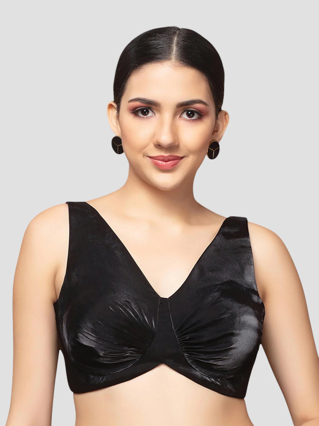 Tissue Black V Neck Sleeveless Readymade Blouse