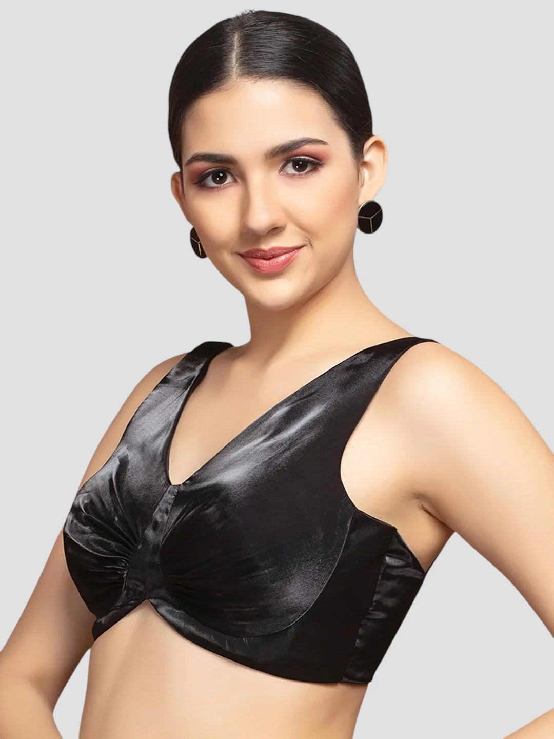 Tissue Black V Neck Sleeveless Readymade Blouse