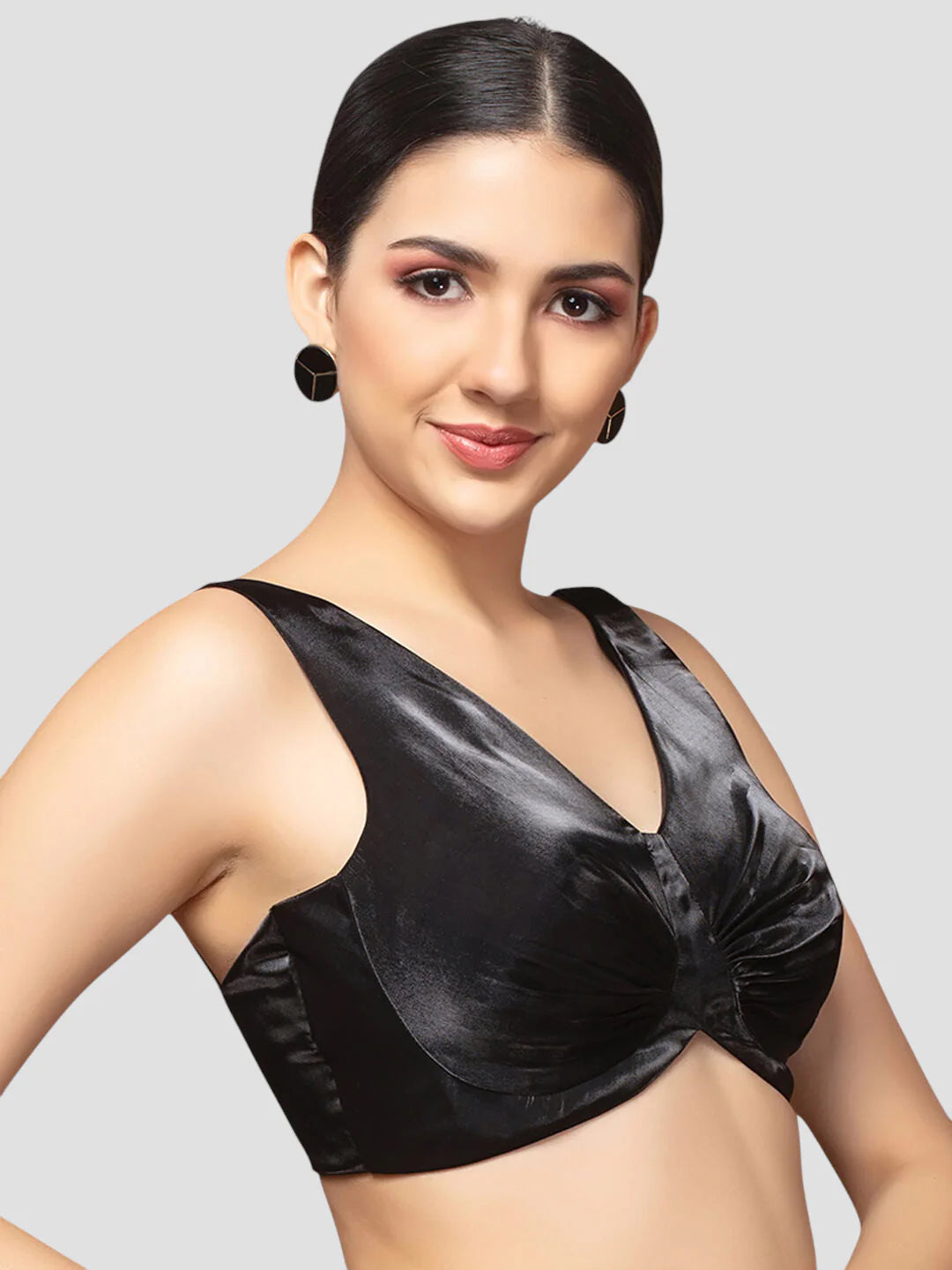 Tissue Black V Neck Sleeveless Readymade Blouse