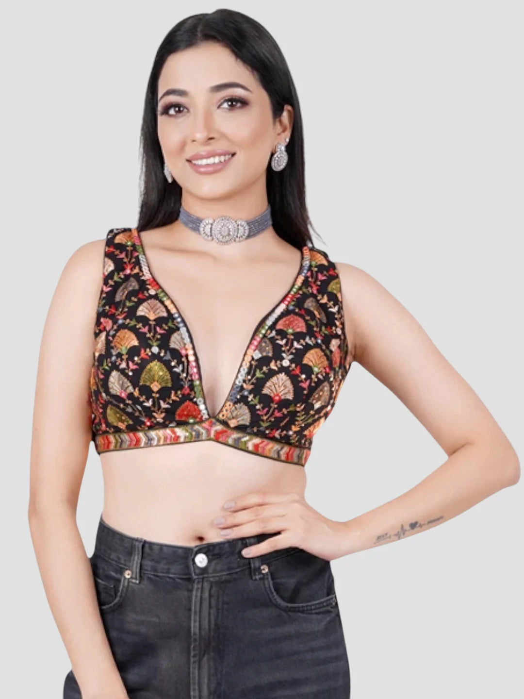 Black Georgette Deep Neck Sleeveless Readymade Blouse