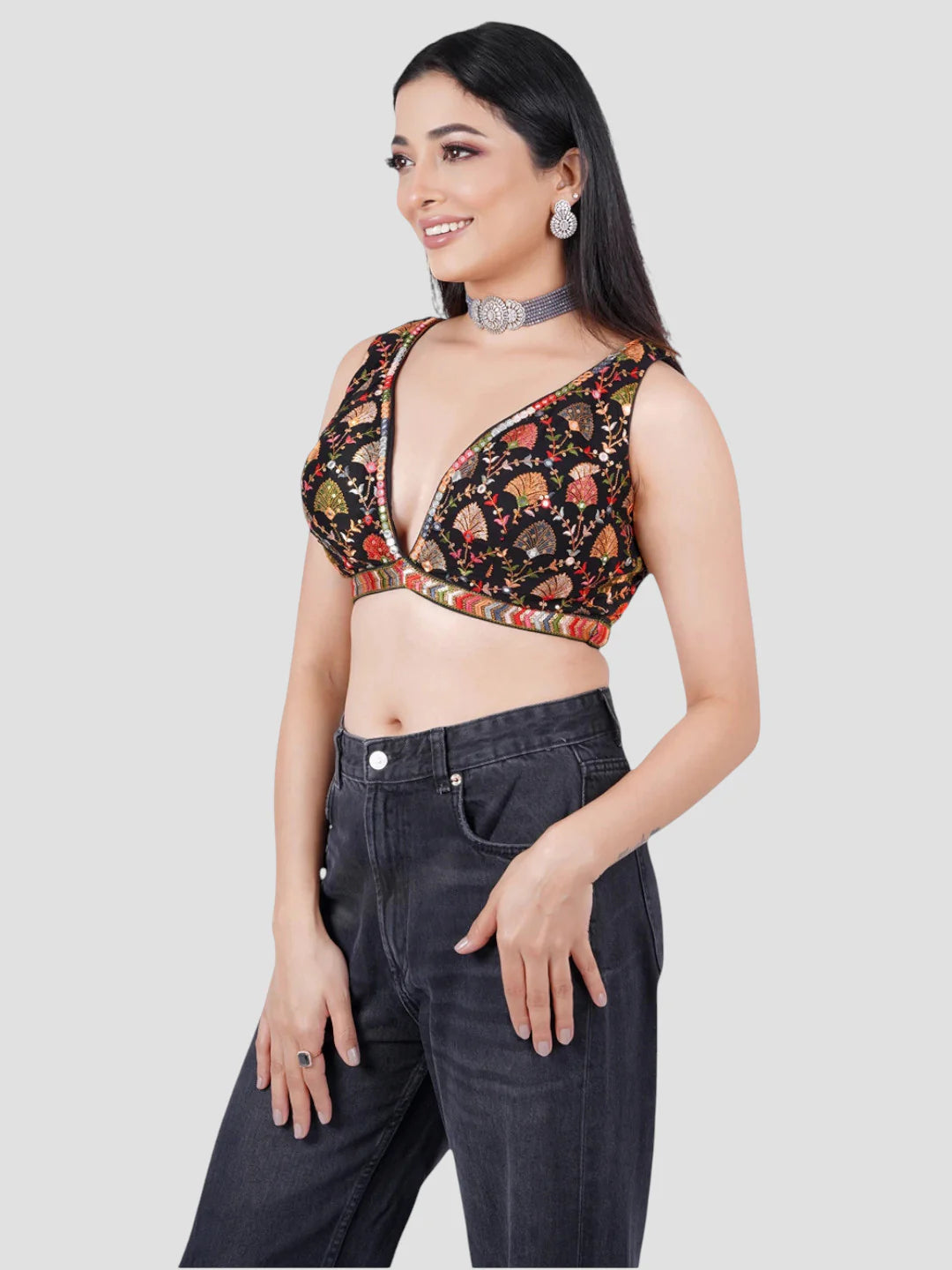 Black Georgette Deep Neck Sleeveless Readymade Blouse