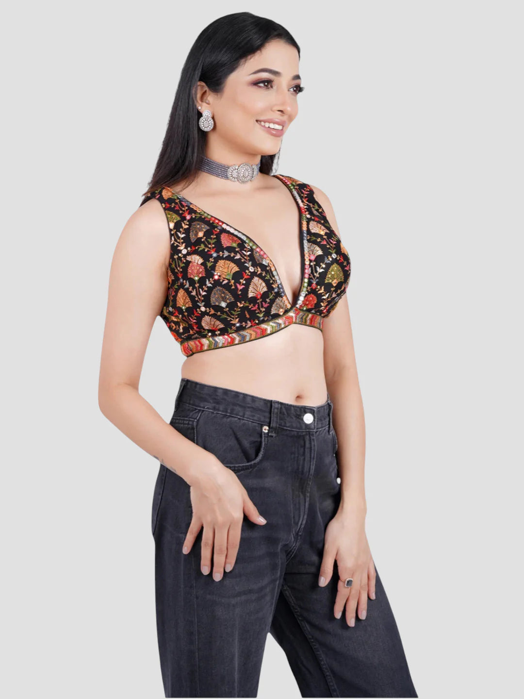 Black Georgette Deep Neck Sleeveless Readymade Blouse