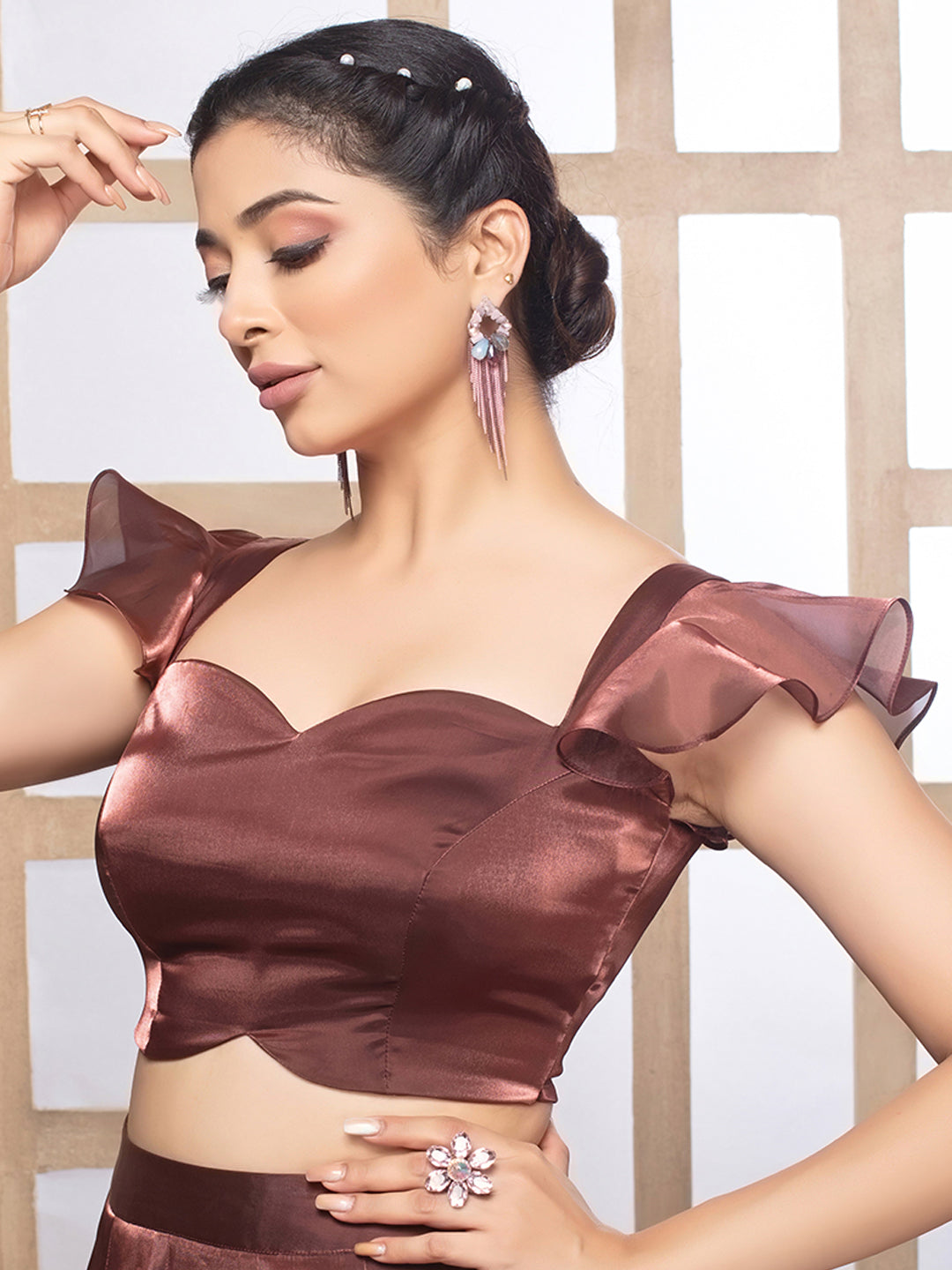 Brown Crush Tissue Sweetheart Neckline Readymade Blouse