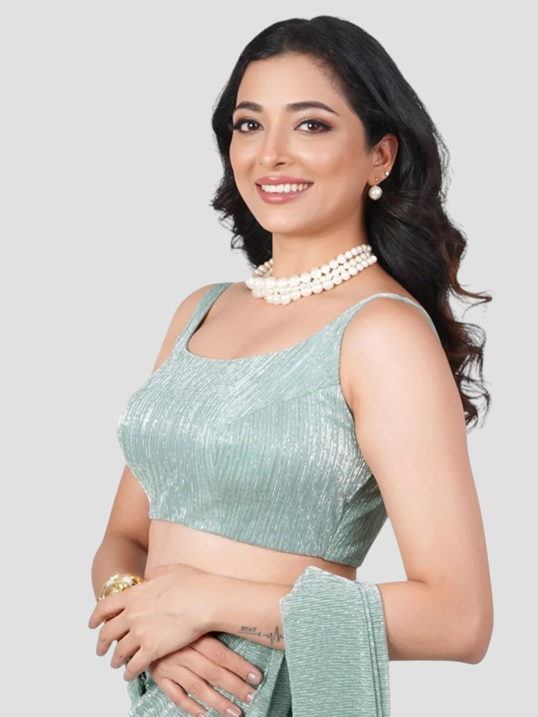 Mint Green Crush Tissue Fabric Round Neck Sleeveless Readymade Only Blouse