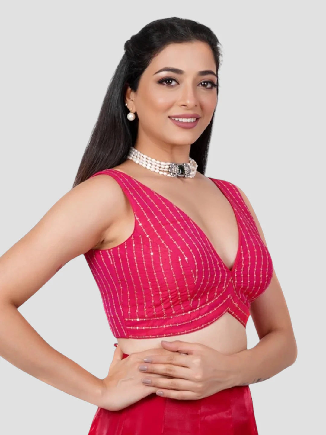 Rani Silk V Neck Sleeveless Readymade Blouse