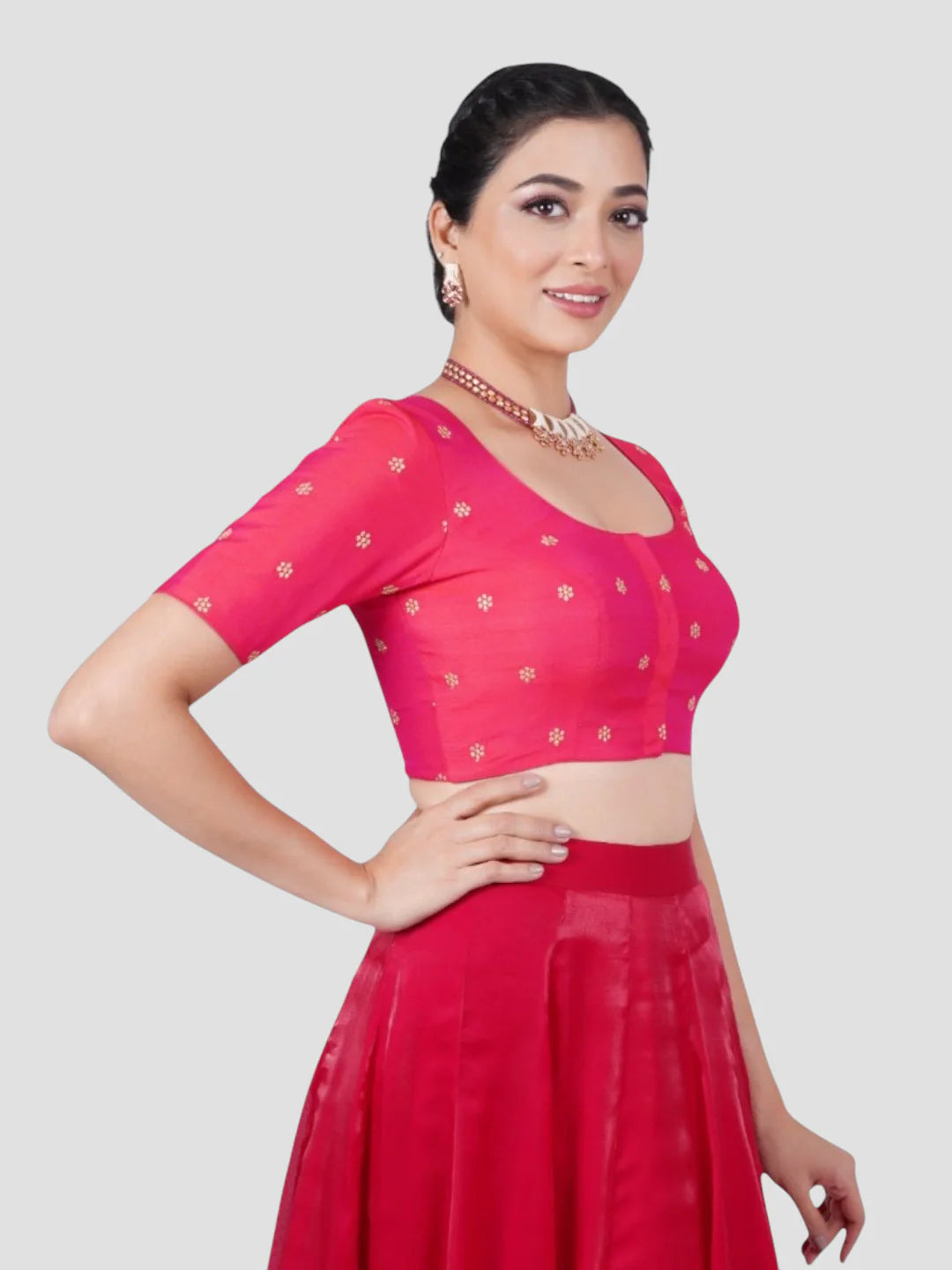 Rani Pink Round Neck Half Sleeves Readymade Saree Blouse