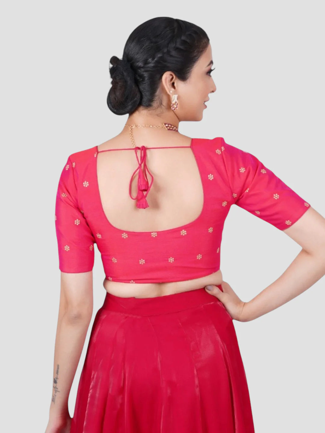 Rani Pink Round Neck Half Sleeves Readymade Saree Blouse