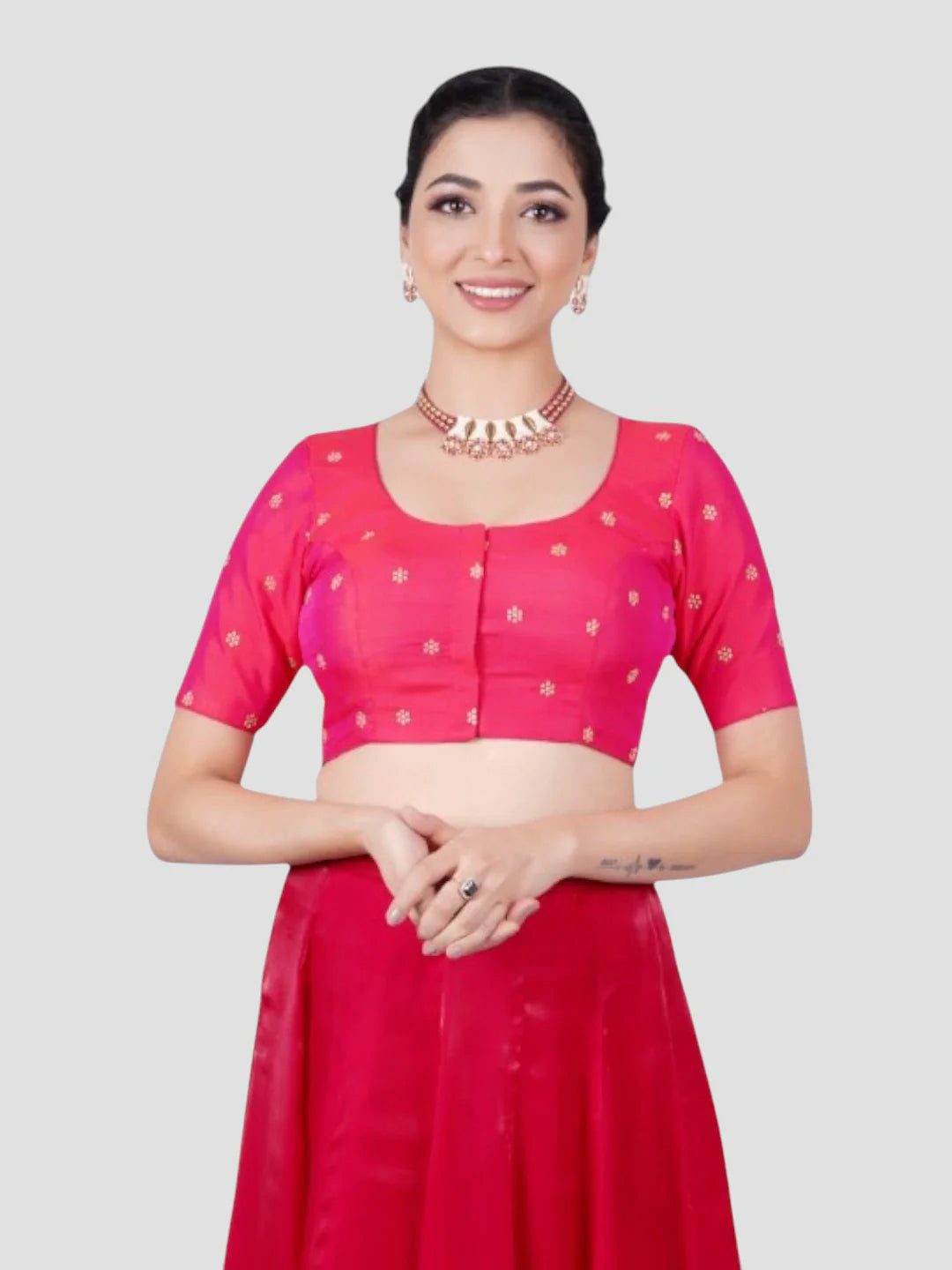 Rani Pink Round Neck Half Sleeves Readymade Saree Blouse