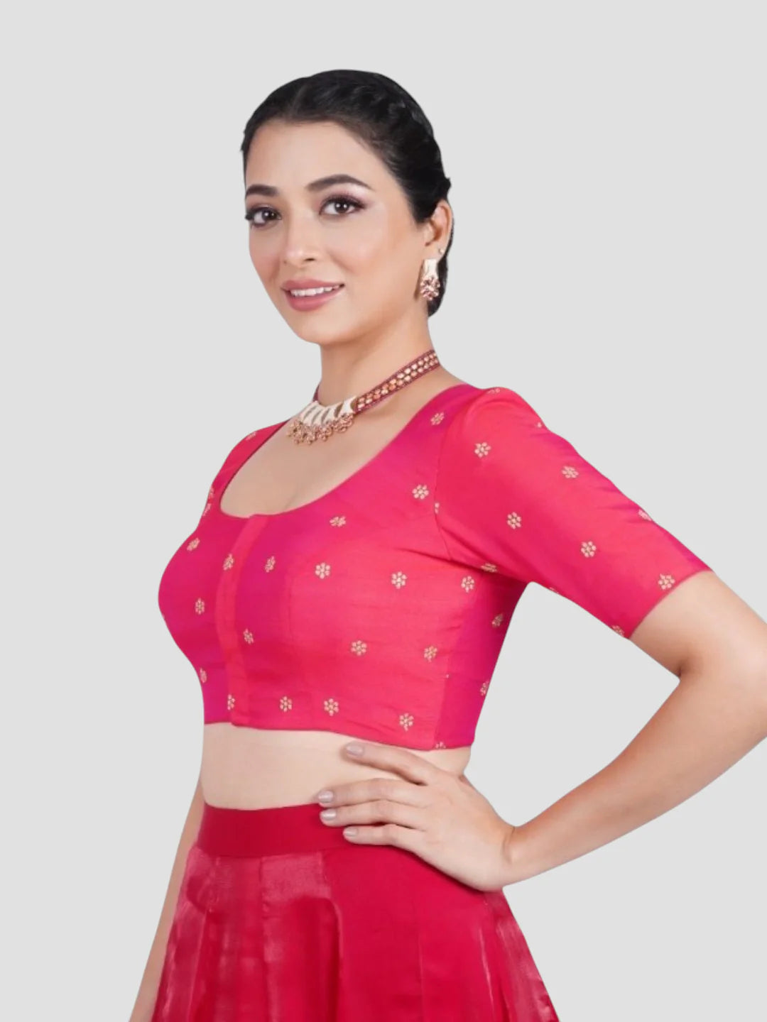 Rani Pink Round Neck Half Sleeves Readymade Saree Blouse