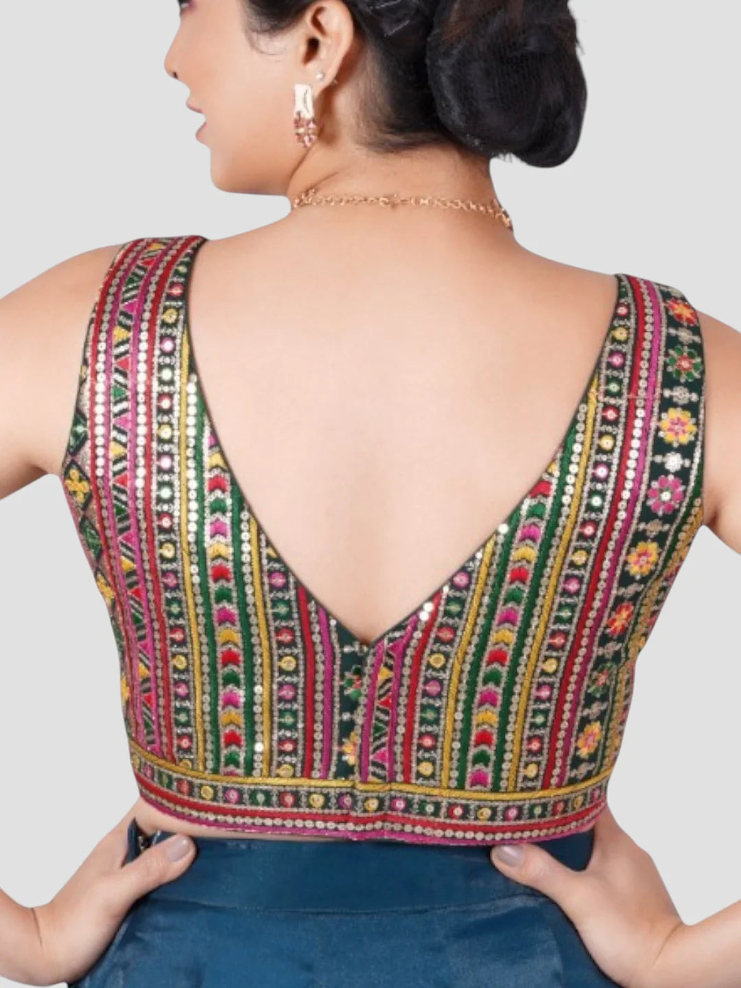 Multicolor Sequence Threadwork Georgette Sleeveless Readymade Saree Blouse