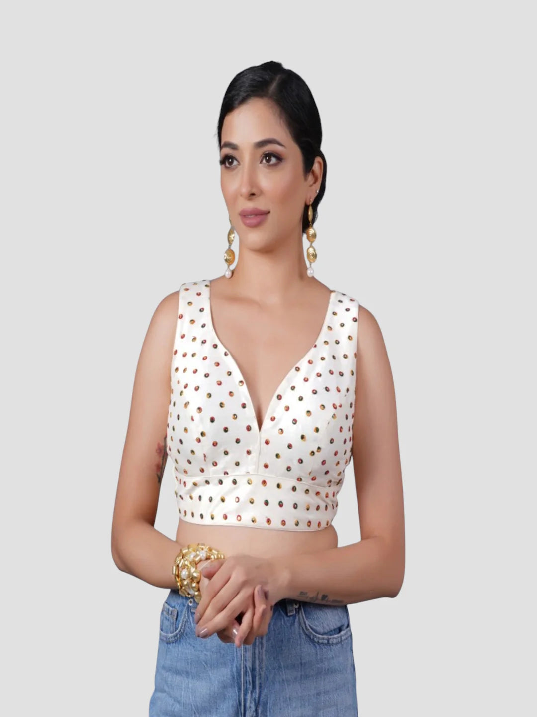 White Silk Deep Neck Sleeveless Readymade Blouse