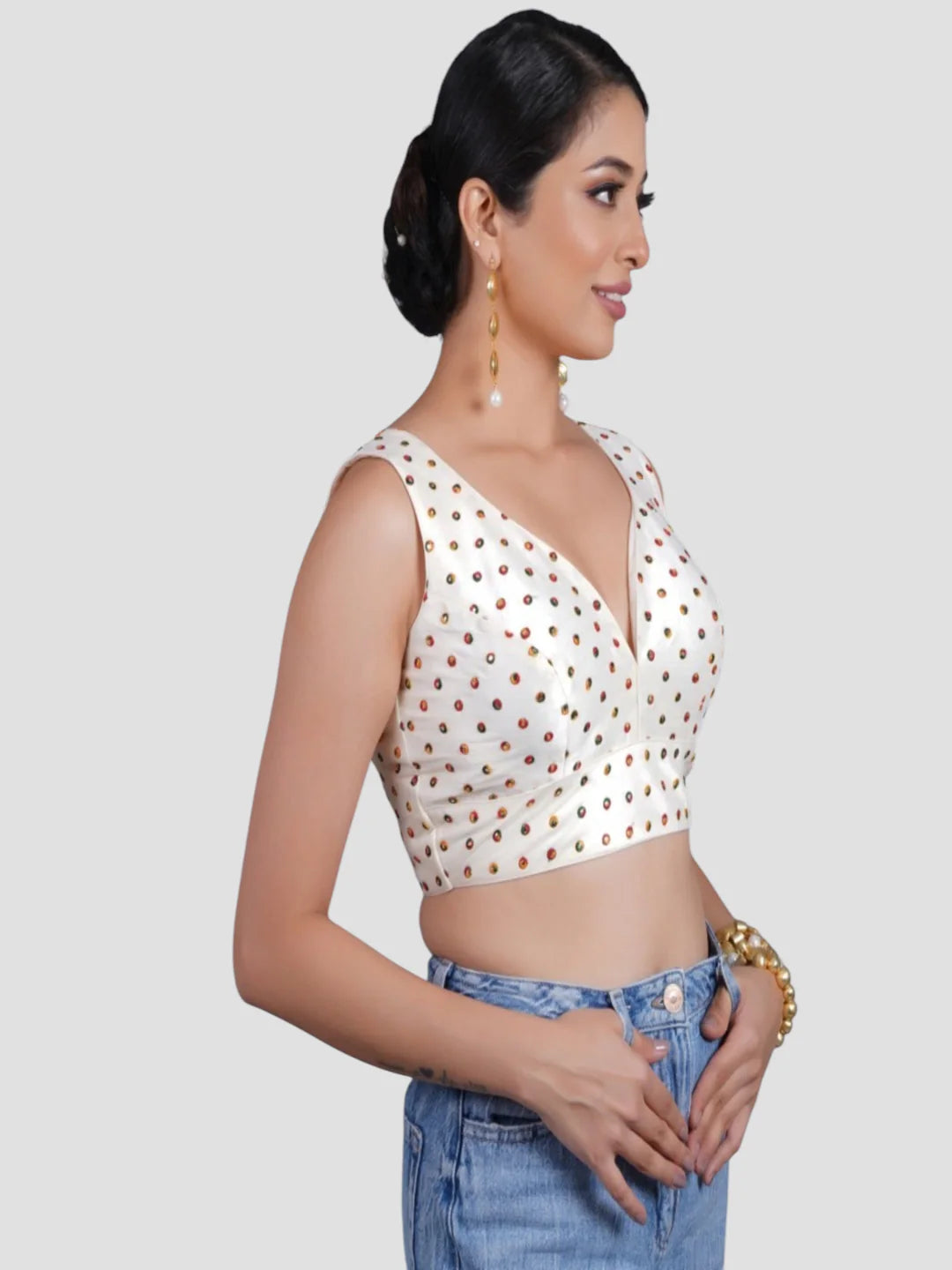 White Silk Deep Neck Sleeveless Readymade Blouse