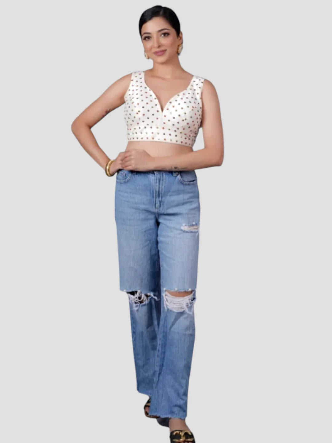 White Silk Deep Neck Sleeveless Readymade Blouse