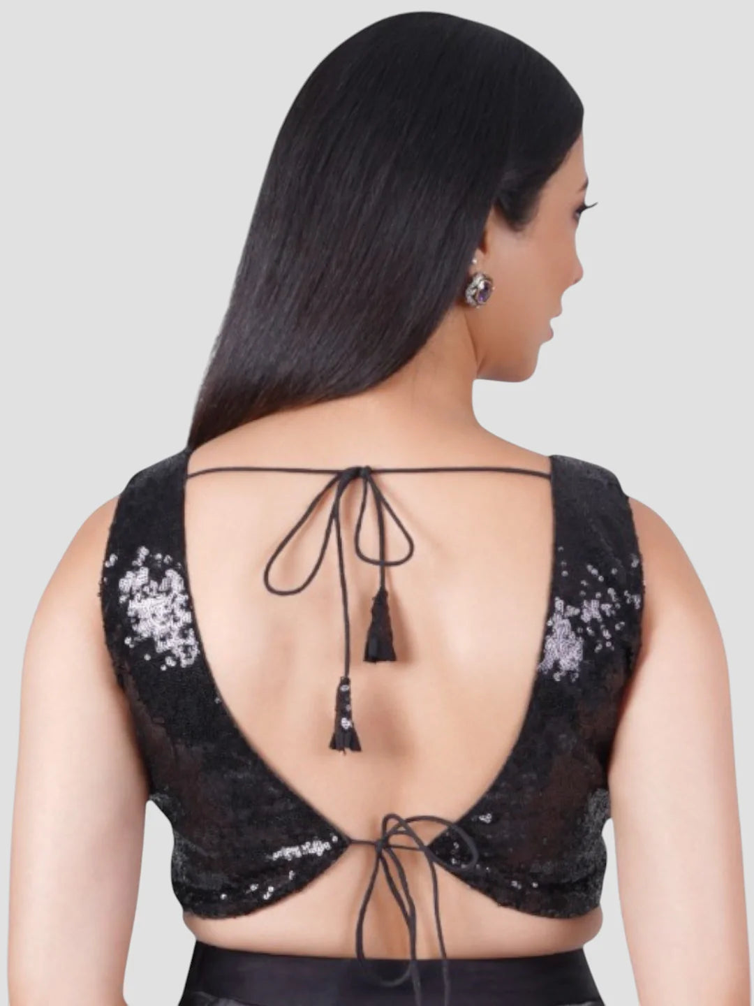 Black Sequence V Neck Sleeveless Readymade Blouse