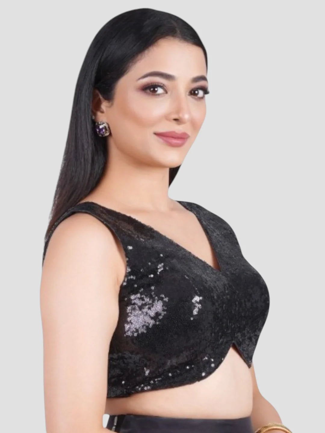 Black Sequence V Neck Sleeveless Readymade Blouse