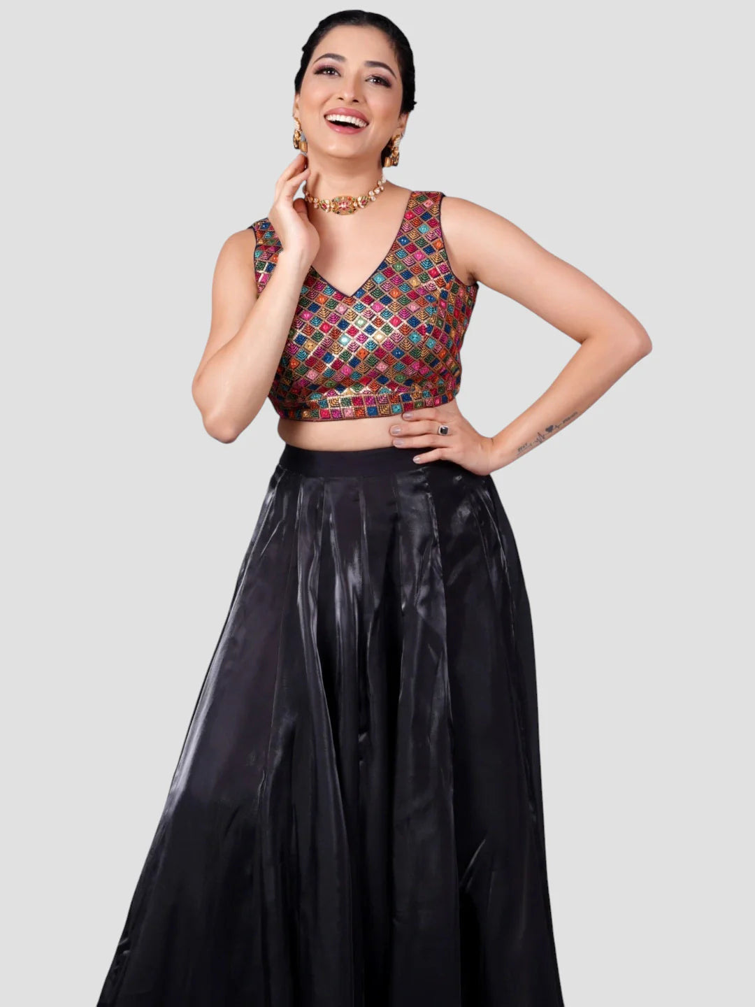 Multicolor Threadwork Sleeveless V Neck Readymade Saree Blouse