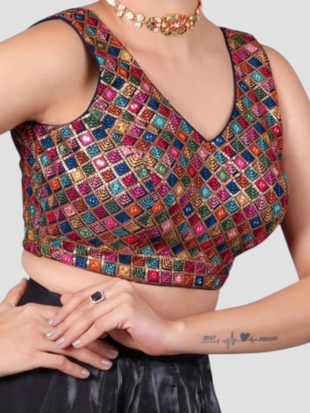 Multicolor Threadwork Sleeveless V Neck Readymade Saree Blouse