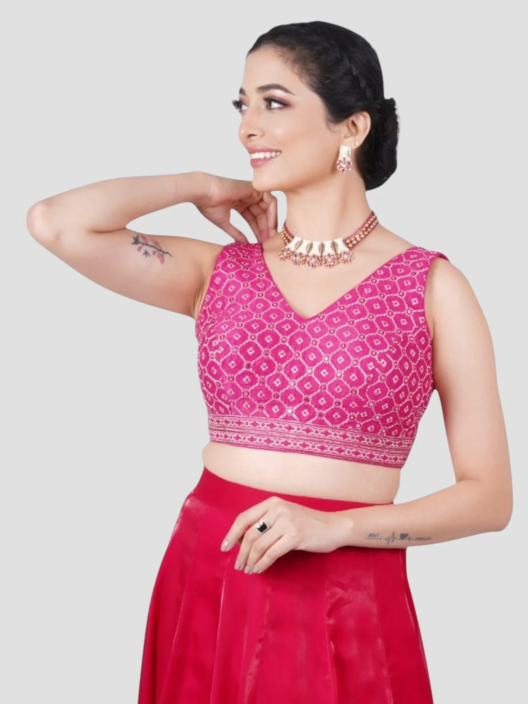 Rani Pink Mirror Work V Neck Sleeveless Readymade Saree Blouse