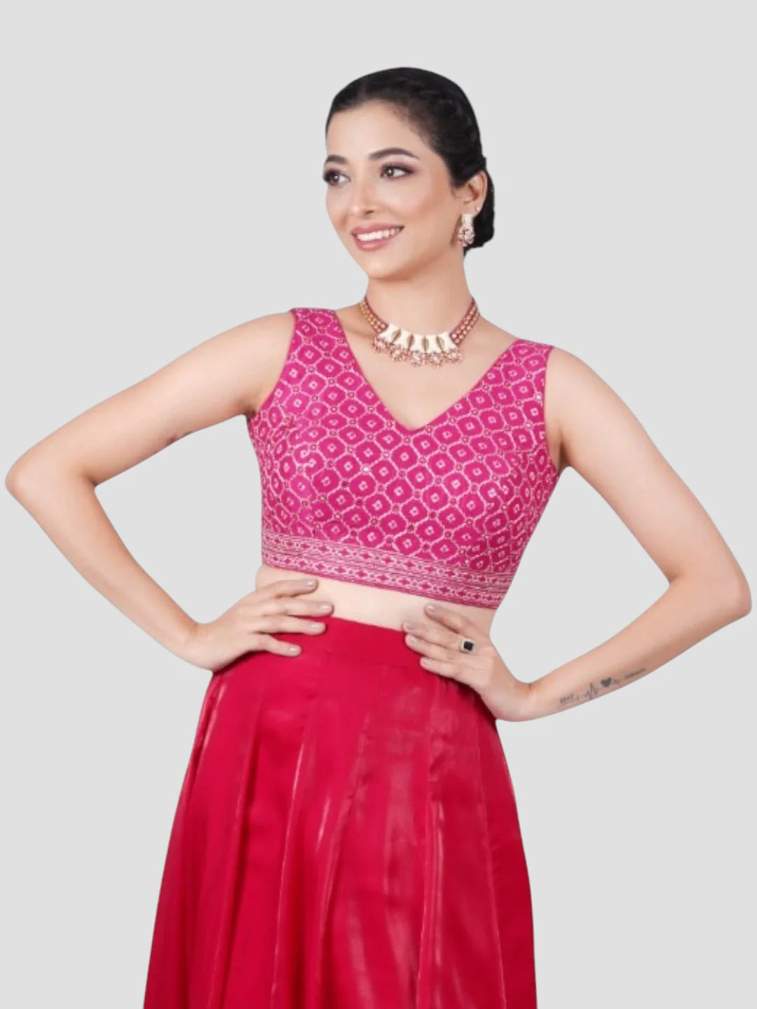 Rani Pink Mirror Work V Neck Sleeveless Readymade Saree Blouse