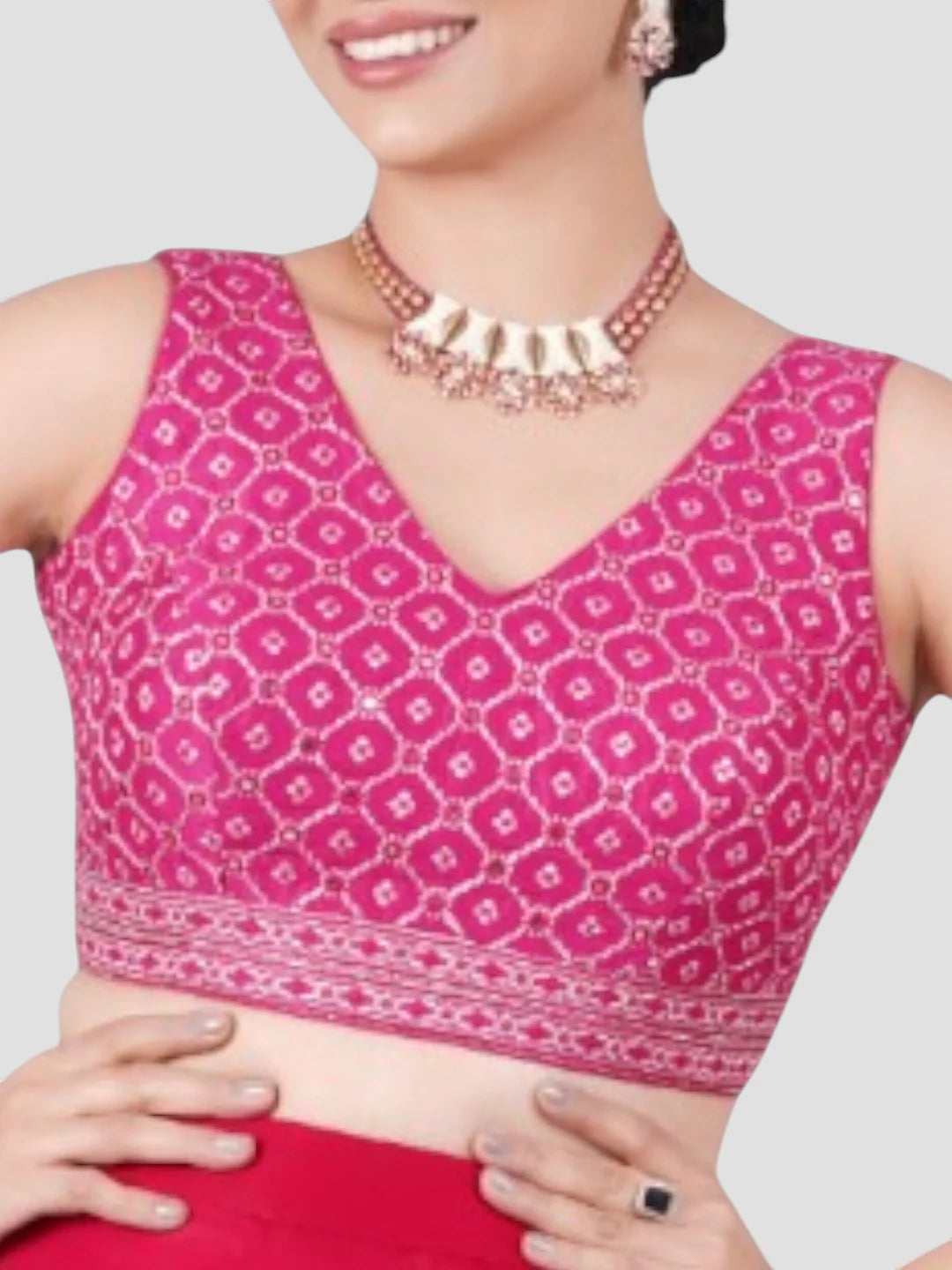 Rani Pink Mirror Work V Neck Sleeveless Readymade Saree Blouse