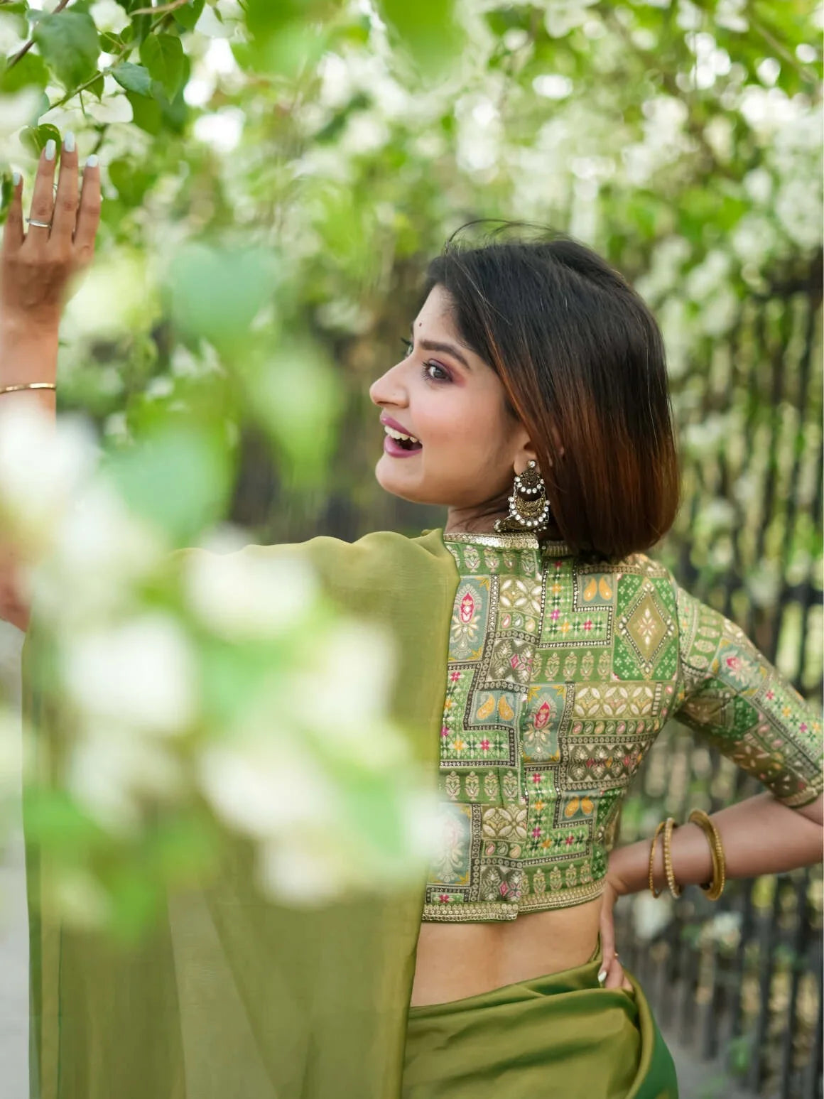 Green Banarasi Silk Deep Neck Half Sleeves Readymade Blouse