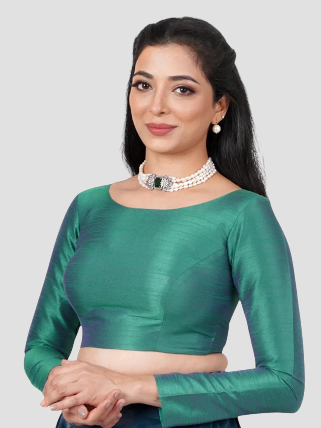 Green Silk V Neck Full Sleeves Readymade Blouse