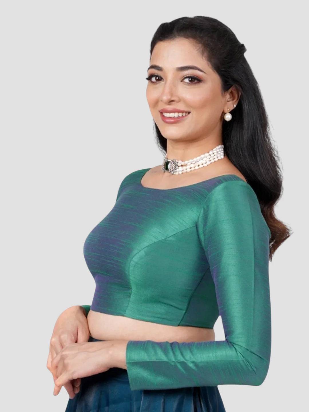 Green Silk V Neck Full Sleeves Readymade Blouse